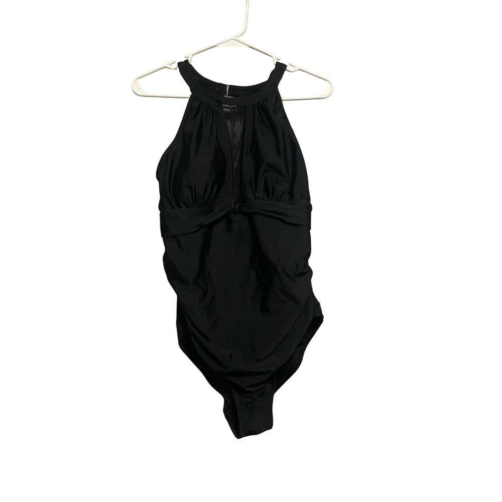 Black Halter Neck Ruched Mesh Panel One Piece Swimsuit Size L